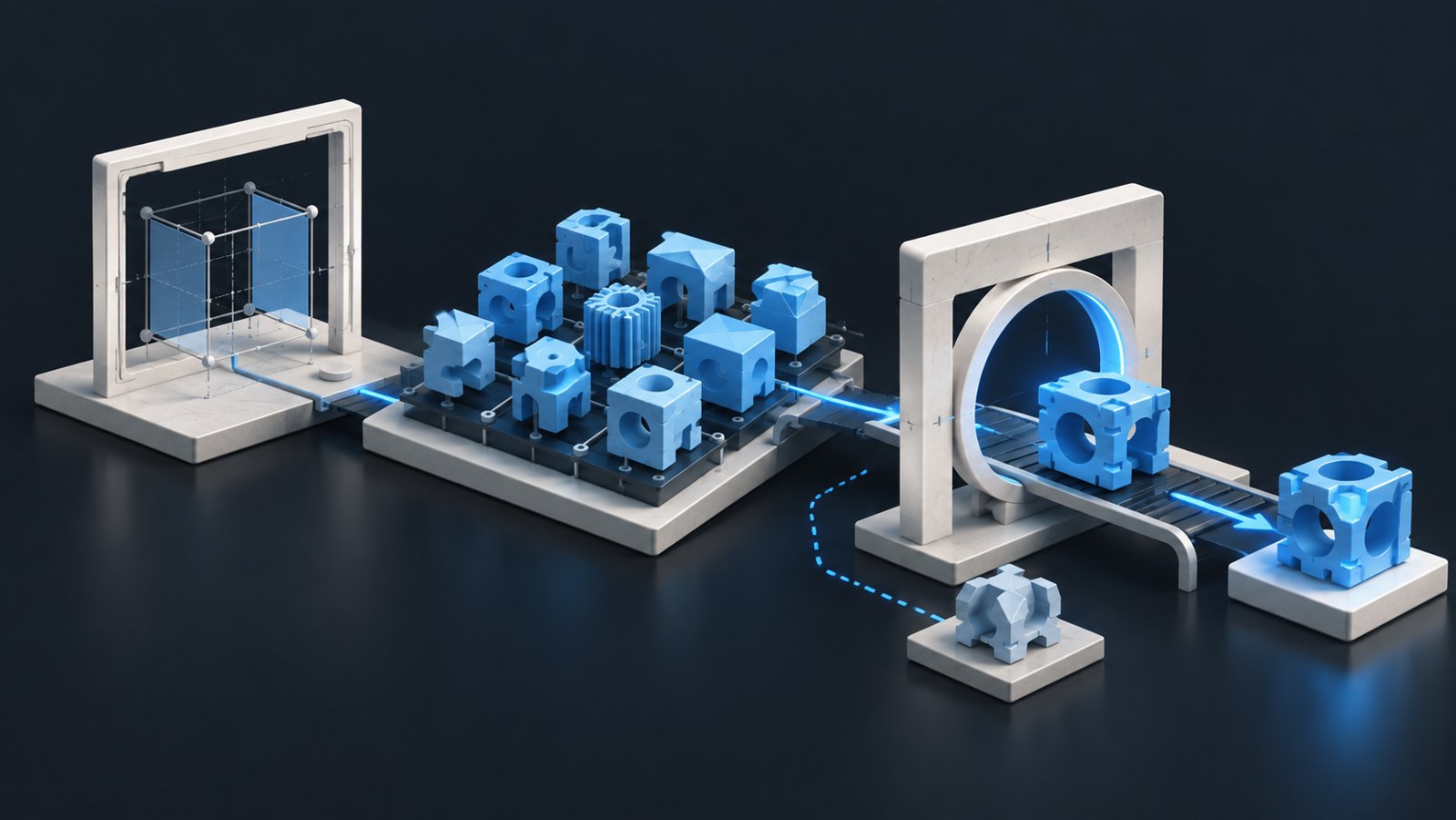 Blue generated components move from a specification frame through a distinct verification gate.