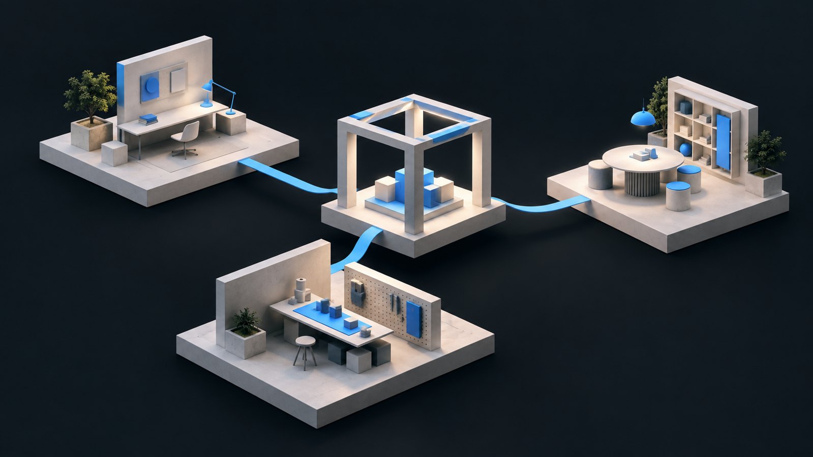 Three distinct team workspaces connect to a shared frame while retaining their local arrangements.