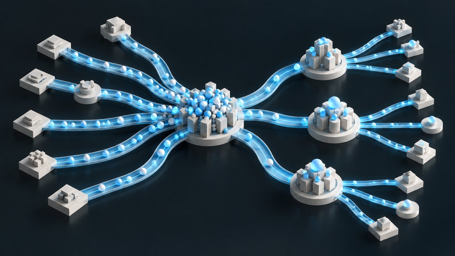 Decision paths pass through a crowded central node and branch into three distributed ownership nodes.