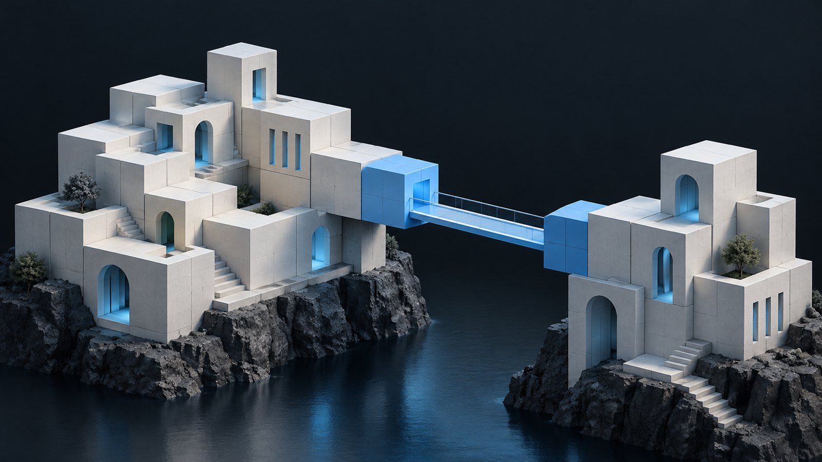 Two modular architectural structures remain connected by a blue bridge during incremental change.